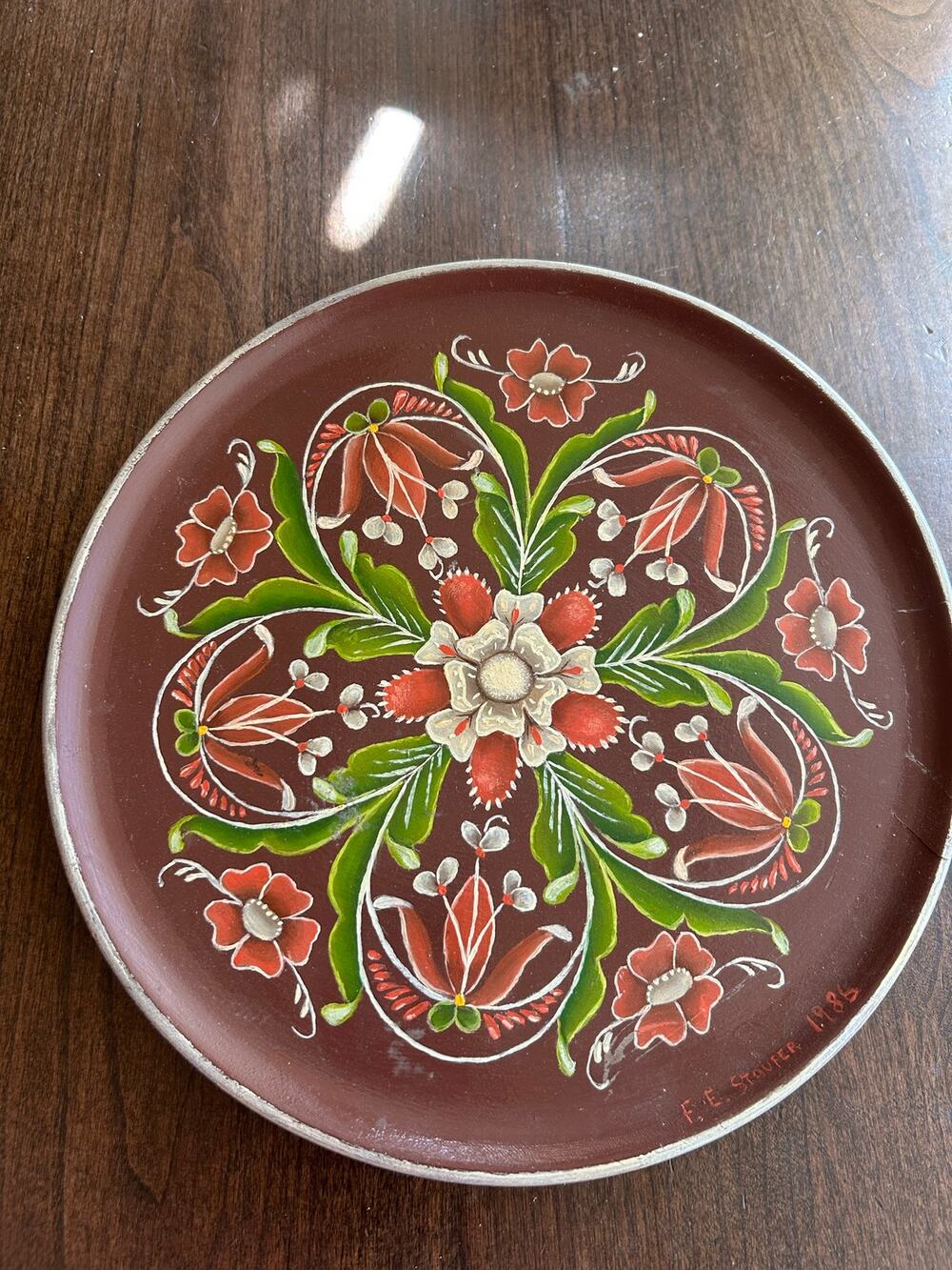 Vintage hand-painted wooden plate Scandinavian folk art F.E. Staufer 1985